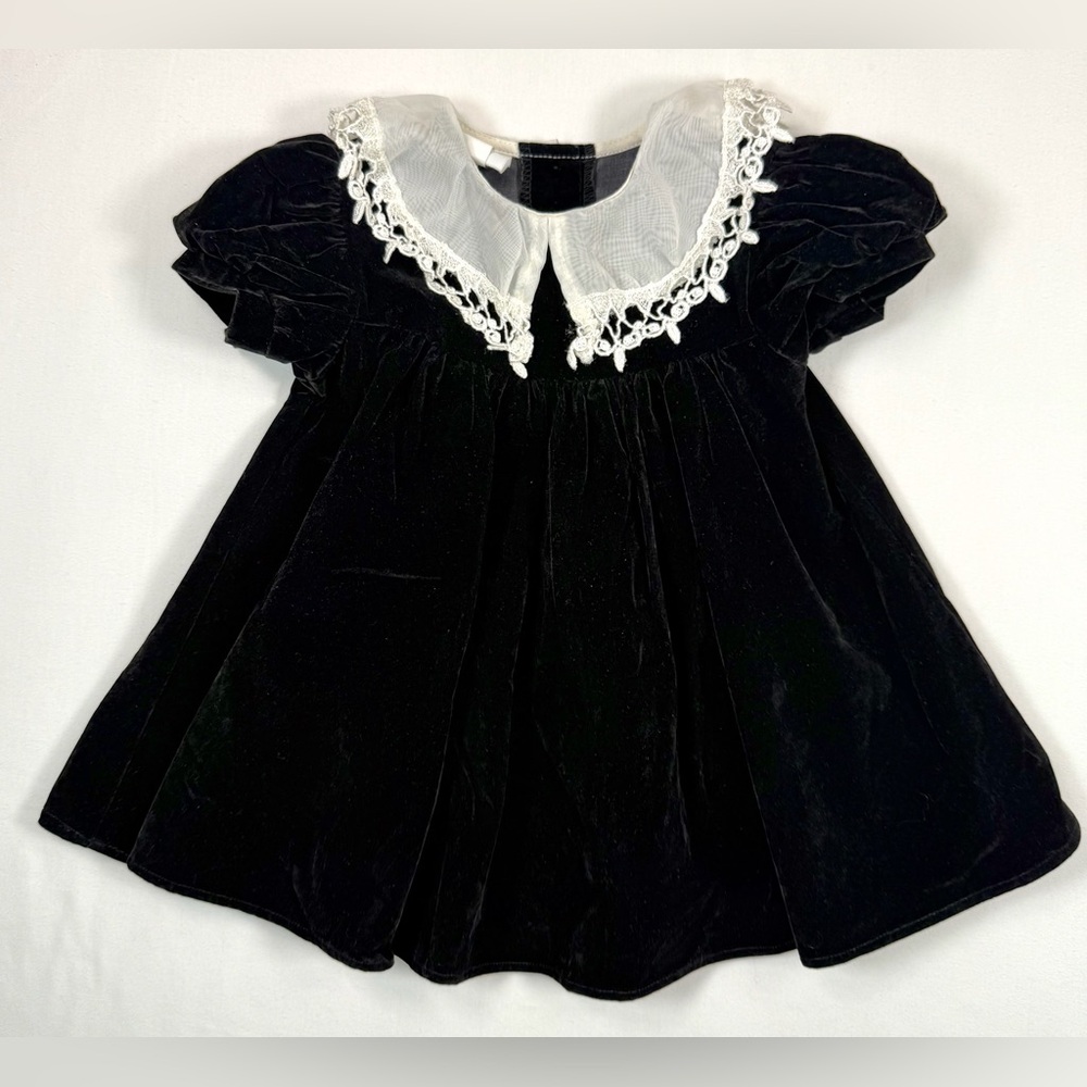 JO LENE VINTAGE Late 80s Baby Girls' Black Velour Lace Collar Holiday Dress‎ 24M